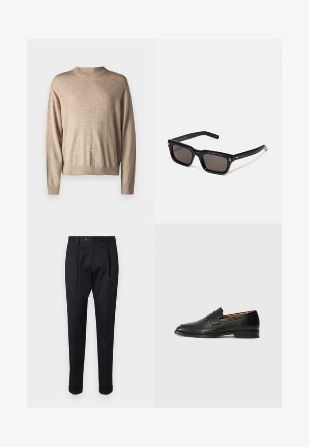 Bež pikalise särg, mis on valmistatud pehmest kangast; omab ümmargust kaelaauku ja soonikuid mansettides, vabalt langev ja sile tekstuur.; Mustad püksid siledast kangast, millel on ees voldid, nööbisuletus ja pahkluul keeratud varrukad.; Must musta loafers ümarate varvastega, peene tikandiga ja madala kontsaga, millel on sile tekstuur ja minimalistlik disain.; Mustad mustakorruselised prillid tumedate läätsedega, paks plastikraam, kuldsed aksendid templites ning kaubamärgi logo graveeritud käe lilla.