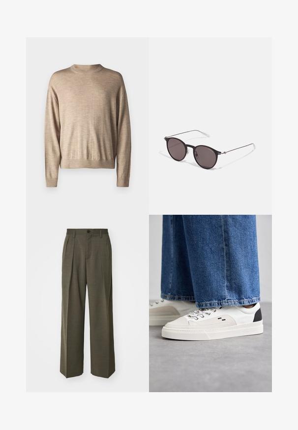 Beige pitkähihainen neulepaita, joka on valmistettu pehmeästä kankaasta; siinä on pyöreä pääntie ja raidoitetut hihansuut, rento istuvuus ja sileä pinta.; Filippa K WIDE TROUSERS - Housut - driftwood; Valkoiset ja mustat tennarit, joissa on sileä nahkapäällinen, tekstuuriakcentit ja paksu valkoinen pohja. Varustettu klassisella nauhakiinnityksellä.; Musta pyöreä aurinkolasit tummilla linsseillä ja kapeilla metallikehyksillä. Sisältää kirkkaat temppelet ja hopeiset yksityiskohdat saranassa. Minimalistinen muotoilu.