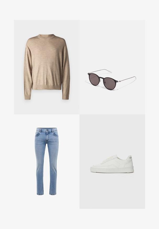 Pull beige à manches longues en tissu doux ; avec un col rond et des poignets côtelés, une coupe décontractée et une texture lisse.; Jeans en denim bleu clair avec une coupe slim, cinq poches et une coupe droite. Présente une fermeture éclair et des passants de ceinture. Texture douce.; Baskets en cuir blanc avec une finition lisse, bout arrondi, lacets plats et semelle texturée. Présente un logo discret sur le talon.; Lunettes de soleil noires rondes avec verres sombres et branches en métal fines. Comprend des embouts transparents et des accents argentés au niveau de la charnière. Design minimaliste.