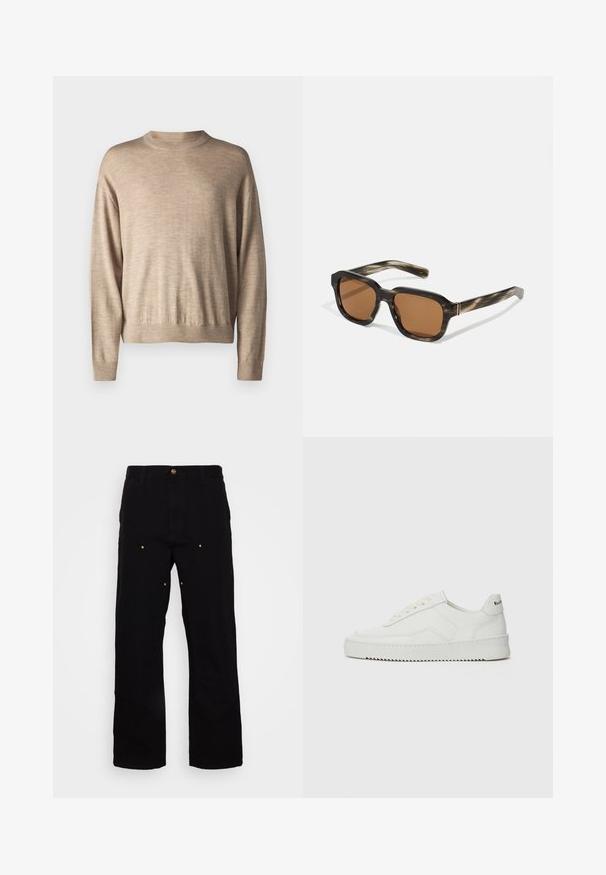 Beige Pullover mit langen Ärmeln aus weichem Stoff; hat einen runden Halsausschnitt und gerippte Bündchen, mit einem lockeren Schnitt und glatter Textur.; Schwarze Denim-Hosen mit geradem Bein, ausgestattet mit goldenen Hardware-Akzenten und sichtbaren Nähten an den Vorder- und Gesäßtaschen.; Weiße Ledersneaker mit glatter Oberfläche, runder Zehenpartie, flachen Schnürsenkeln und strukturiertem Sohlenprofil. Mit einem dezenten Logo an der Ferse.; Plastiksonnenbrille mit einem Schildkrötenmuster, oktagonalen braunen Gläsern und dünnen goldenen Hardwareakzenten am Gestell.