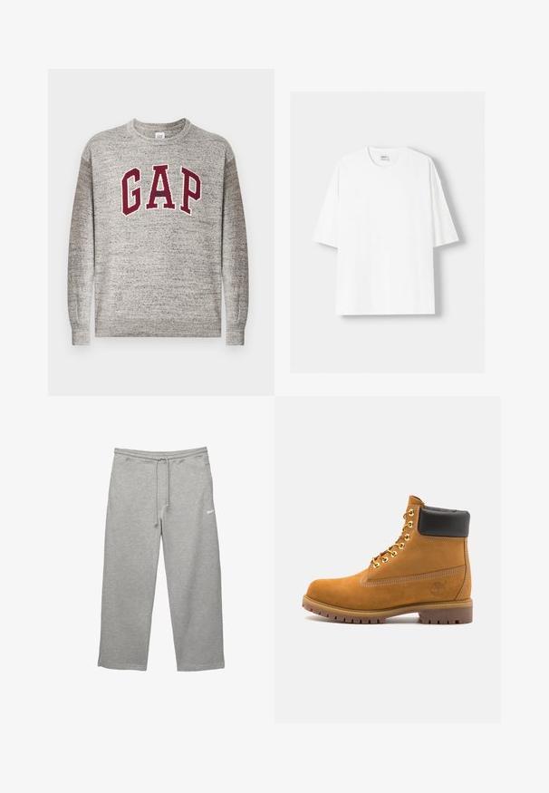 Szary sweter z okrągłym dekoltem z bordowymi literami "GAP" oraz małym napisem "Athletic" wyśrodkowanym na piersi, z ściągaczami na mankietach i dolnej krawędzi.; Biała koszulka z krótkim rękawem wykonana z bawełny, z okrągłym dekoltem i luźnym krojem. Gładka faktura, bez widocznych wzorów lub akcentów.; Szare dresy wykonane z miękkiego materiału, z elastycznym pasem, regulowanym sznurkiem i bocznymi kieszeniami. Posiadają małe białe logo.; Beżowe zamszowe botki sięgające kostki z czarną wyściełaną krawędzią, złotymi oczkami, białymi detalami szycia oraz wytrzymałą gumową podeszwą z wyraźnym bieżnikiem.