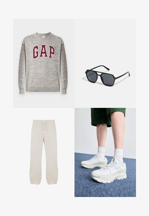 Pelēks džemperis ar garām piedurknēm, ar bordo krāsas "GAP" burtiem un mazu "Athletic" tekstu centrā uz krūšu daļas, ribota apmale ap piedurknēm un apakšmalu.; Gai bežīgas lina bikses ar gumiju un auklu jostas vietā. Taisna kāju dizains ar gludu tekstūru un vieglu sašaurinājumu pie potītēm.; Baltas sporta apavi ar teksturētām detaļām, masīvu zoli un pelēkiem akcentiem. Valkāti ar baltiem zeķu pēdu apģērbiem un zaļām šortiem uz zilas virsmas.; Melnas saules brilles ar astoņstūra rāmī, tumšiem stikliem, spīdīgu apdari, plānām kājām un zelta akcentiem priekšpusē.