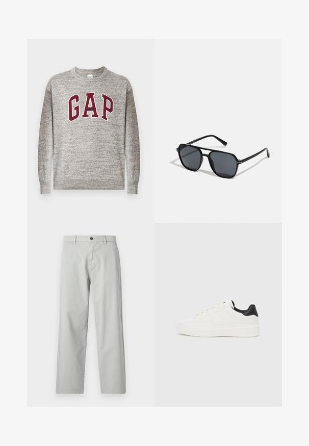 Pilkas džemperis su apvalia apykakle, su bordo spalvos "GAP" raidėmis ir mažais žodžiais "Athletic" centrą krūtinės buvo ribotais rankogaliais ir apatine dalimi.; Šviesiai pilki, tiesių kojų kelnės, pagamintos iš lygios, audinės medžiagos. Su priekine mygtukų uždarymo sistema ir šoniniais kišenėmis. Minimalistinis stilius.; Balti odiniai sportbačiai su įspaustu raštu, tekstūruotas baltas vidpadis ir juodas kulno akcentas. Ypatybės: apvalus pirštas ir plokščios batraiščiai.; Juodos akiniai nuo saulės su aštuonkampiu rėmeliu, tamsiais objektyvais, blizgiu paviršiumi, plonomis šakutėmis ir auksinėmis akcentais priekyje.