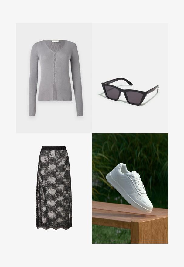 Siv žametni kardigan z dolgimi rokavi, v-izrezom in sedmimi gumbi na sprednji strani. Tkanina ima mehak teksturiran občutek in prilegajoč dizajn.; Črna čipkasta krila s valovitim robom, ki prikazuje cvetličen vzorec in prosojno teksturo. Elastičen pas za udobno nošnjo.; Bela teniska s gladkim sintetičnim zgornjim delom, perforiranim prednjim delom, ravnimi vezalkami in teksturiranim podplatom, prikazana na leseni površini.; Črne, angularne sončne očala z sivimi lečami; izdelana iz plastike, imajo debele ročke z gladko površino in brez vidne opreme.; Črna usnjena torbica za čez ramo z zaobljeno, oblikovano silhueto, ki ima zlato zaklepanje in eno nastavljivo naramnico. Gladka tekstura.