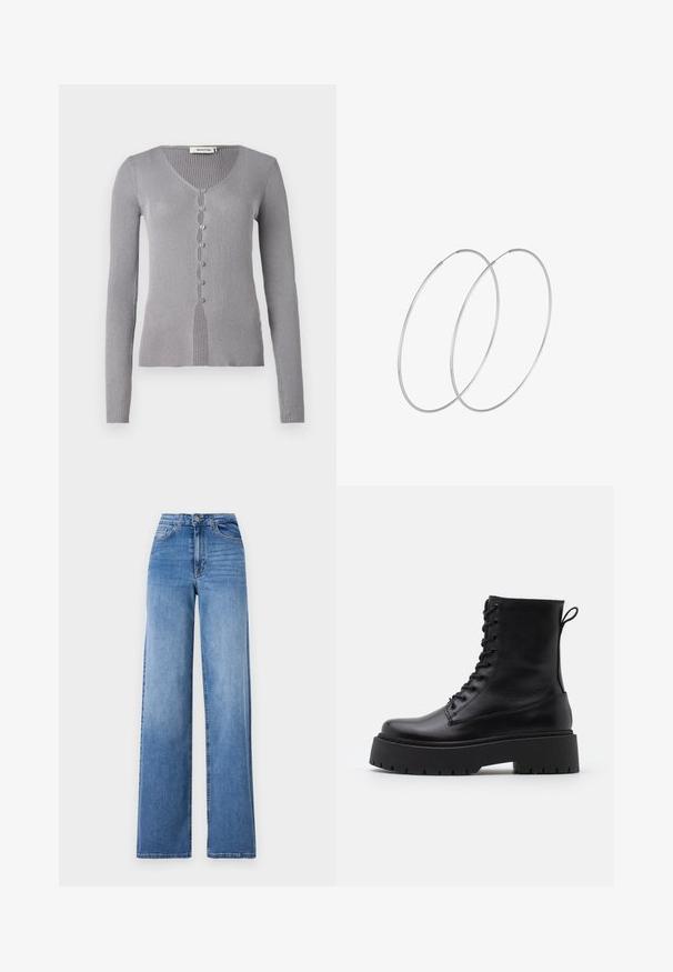 Gray ribbed cardigan with long sleeves, V-neck, and seven buttons down the front. Fabric has a soft texture and a fitted design.; Light blue wide-leg jeans made of denim, featuring a high waist, front pockets, and a standard button closure. Smooth texture.; Black leather ankle boots with a round toe, lace-up front, and a thick rubber sole featuring a textured tread. Pull tab at the back.; Silver hoop earrings with a minimalist design. Circular shape, smooth texture, and thin profile. Lightweight with a polished finish.