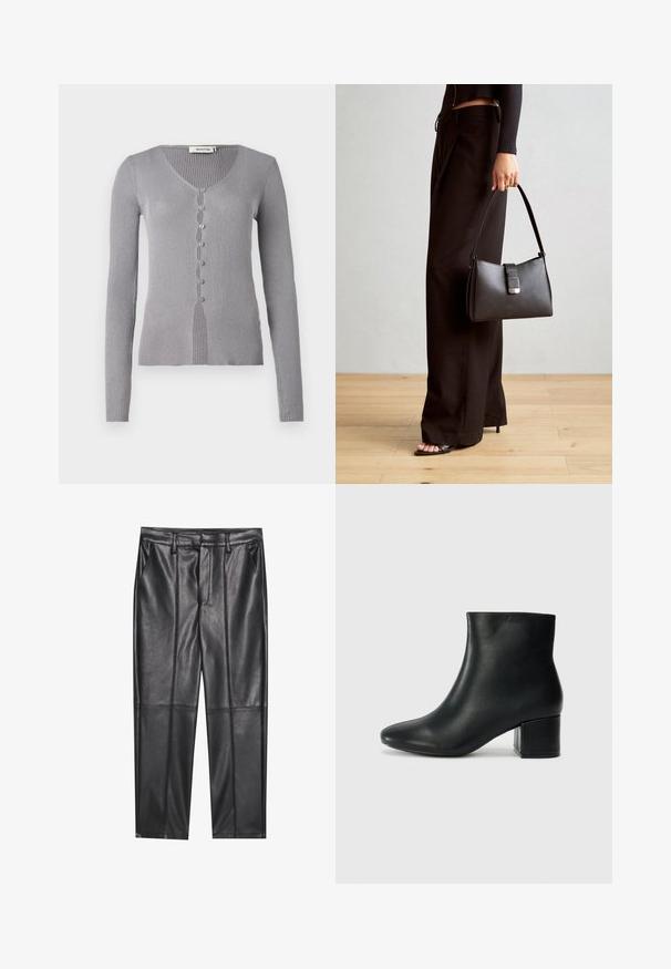 Pilkas raštuotas kardiganas su ilgomis rankovėmis, V formos iškirpte ir septyniais mygtukais priekyje. Medžiaga turi minkštą tekstūrą ir prigludusį dizainą.; Juodos odinės kelnės su lygiu tekstūru, tiesaus kirpimo, dviem priekinėmis kišenėmis ir matomomis siūlėmis.; Juodos odinės aulinės botai su smailiu priekiniu pirštu ir storu kulnu. Lygus tekstūra su minimaliomis detalėmis ir elegantišku, tvirtai priglundančiu dizainu.; Juodas rankinė struktūrizuota forma, lygi tekstūra ir metalinis užsegimas. Suporuota su plačiomis juodomis kelnėmis ir atvirais bateliais ant medinių grindų.