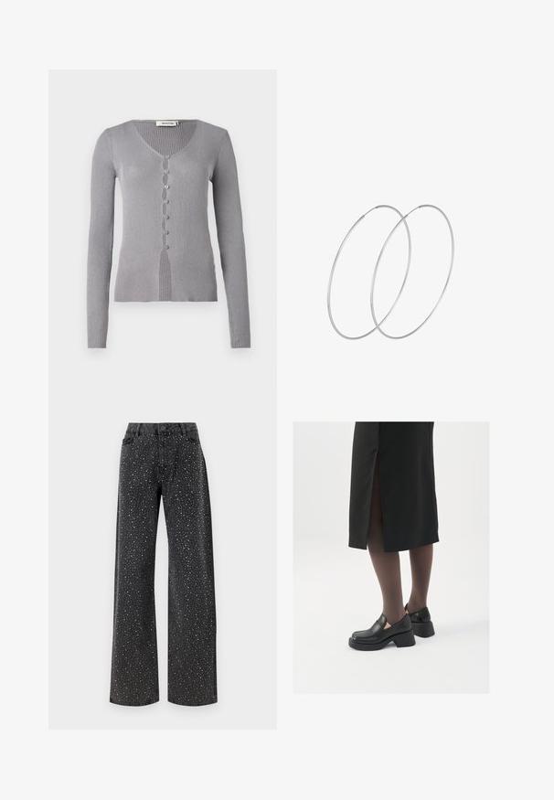 Cardigan grigio a coste con maniche lunghe, scollo a V e sette bottoni sul davanti. Il tessuto ha una texture morbida e un design aderente.; Noisy May NMJANNEL LOOSE - Jeans baggy - black denim; Scarpe in pelle nera con punta arrotondata, tacco spesso a blocco e accenti laterali in elastico, abbinate a collant scuri e una gonna nera con uno spacco.; Orecchini a cerchio in argento con un design minimalista. Forma circolare, superficie liscia e profilo sottile. Leggeri con una finitura lucida.