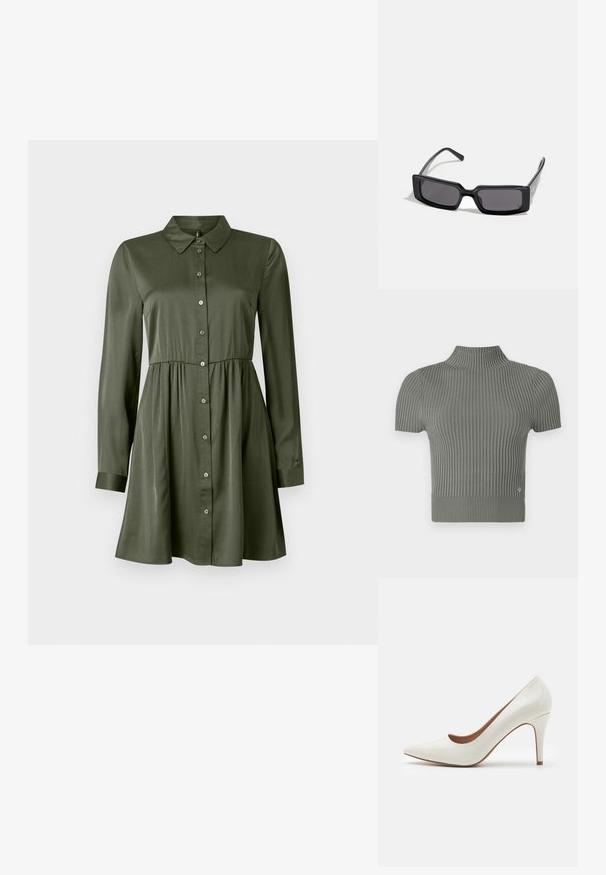 Lyhythihainen, kapea yläosa pehmeästä harmaasta neuleesta. Sisältää korkean kaula-aukon ja pienen logon korostuksen helman läheisyydessä.; Vihreä oliivi pitkähihaista napitettavaa mekkoa, jossa on istuva vyötärö ja kaulus, hieman levenevä hameosa sekäGPS-hihansuut.; Valkoinen lakaistettu korkeakorkoinen kenkä, jossa on terävä kärki ja sileä pinta, hennolla korolla ja matalalla leikkauksella avauksessa.; Mustat aurinkolasit, joissa on suorakaiteen muotoinen kehys, tummat linssit ja sileä kiiltävä pinta. Ominaisuuksiin kuuluu ohuet templet, joissa on hienovarainen brändäys sivussa.; Michael Kors kääröbeige pinnoitettua kangasta, jossa on toistuva MK-logo -kuvio, kultaiset yksityiskohdat ja irrotettava ketjuhihna.