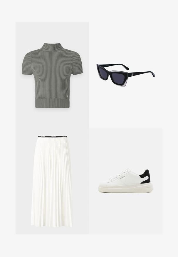 Prilegajoča, kratka majica s kratkimi rokavi iz rebraste, mehke sive pletenine. Ima visok ovratnik in majhen logotip v bližini roba.; Gubasta bela krila z črnim elastičnim pasom, ki nosi logotip "LACOSTE". Srednje dolga zasnova z mehkobo tkanine.; Bele usnjene športne copate z debelim belim podplatom, črnimi semišnimi detajli na peti in utisnjenim logotipom na strani. Zavezovanje s šestimi luknjicami.; Črne prevelike sončne očala geometrijske oblike, z temnimi lečami in kontrastno sivo podrobnostjo na okvirju. Logo na ročaju.