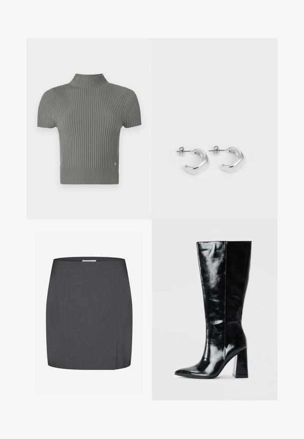 Dopasowany, krótki top z krótkim rękawem w miękkim, szarym prążkowanym materiale. Posiada wysoki dekolt i mały akcent z logo blisko dolnej krawędzi.; Envii SPLIT szary; Czarne kozaki do kolan wykonane z błyszczącej skóry, z wywiniętym noskiem i masywnym, geometrycznym obcasem o gładkiej fakturze.; Srebrne kolczyki w kształcie obręczy z gładkim, wypolerowanym wykończeniem. Okrągły kształt z lekko zakrzywionym wzornictwem i zaokrąglonymi krawędziami. Zapięcie na szpilkę.
