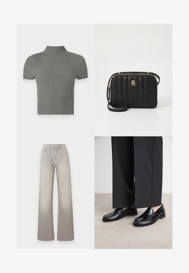 Kohandatud lühikeste varrukatega särk pehme halli riidega. Omab kõrget kaelust ja väikest logo aksendit allääres.; Hallide lai püksid hallis toonis, kahvatu viimistlusega, nööbiga kinnitamine, viie tasku disain ja õmbluste äärtes kaunistus.; Mustadest nahast loaferdest on sile pind, õmmeldud detaile varvaste ümber ja madal kummitald. Kombineeritud laia musta pükste jaoks.; Mustmustreen mustriba kott, valmistatud sünteetilisest materjalist, kuldsete detailidega. Kotel on lukuga ja esiküljel logodekoratsioon.