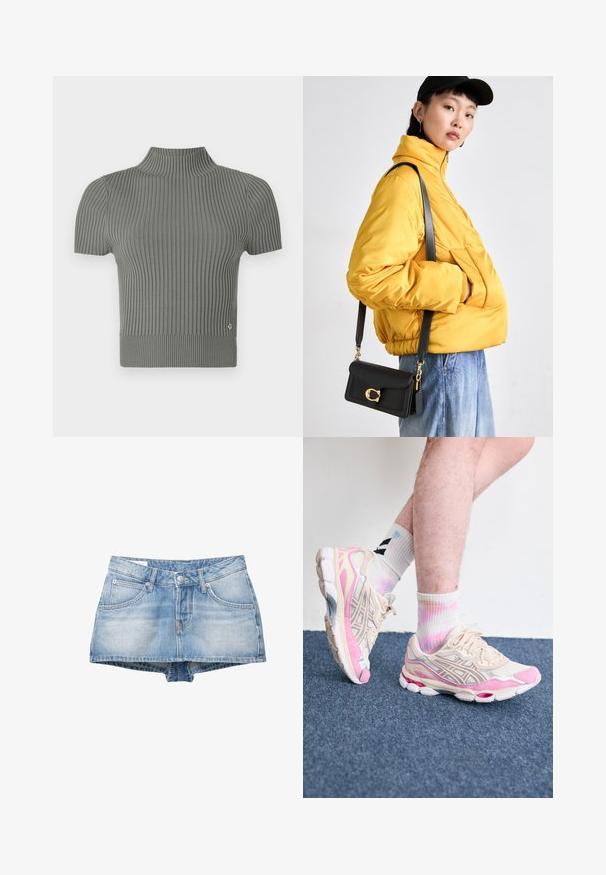 Figurbetontes, kurzärmliges Oberteil aus einem gerippten, weichen grauen Strick. Hat einen hohen Kragen und ein kleines Logo-Detail nahe dem Saum.; Jeansshorts in Hellblau mit ausgewaschenem Finish. Mit fünf Taschen und einem Knopfverschluss vorne. Klassischer Schnitt mit geradem Saum.; Beige und rosa Sport sneakers mit silbernen Akzenten, Mesh-Überzügen und einer klobigen Sohle. Getragen mit bunten, Batik-Socken.; Gelbe gepolsterte Jacke mit hohem Kragen und Fronttasche, kombiniert mit einer schwarzen Umhängetasche mit goldenen Beschlägen. Lässige Denim-Hosen.