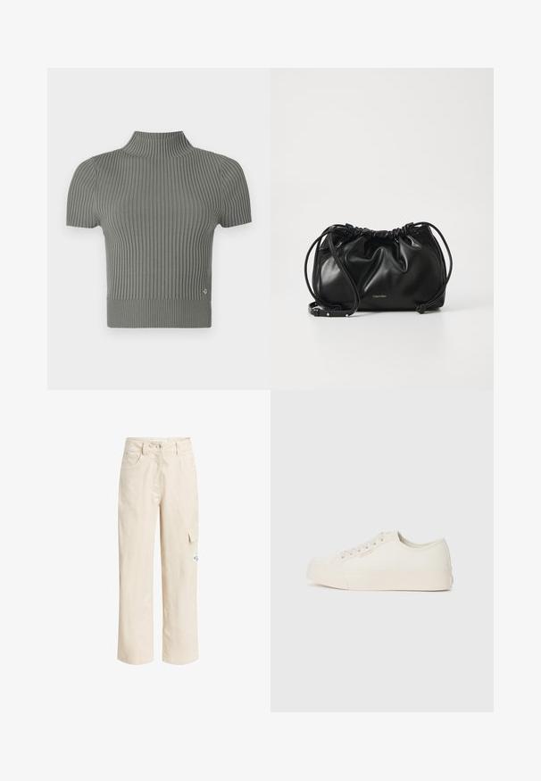 Top aderente a maniche corte in un morbido knit a coste di colore grigio chiaro. Presenta un colletto alto e un piccolo logo accentato vicino all'orlo.; Pantaloni cargo beige realizzati in tessuto leggero, con un design a gamba dritta, tasca laterale e dettagli di cucitura discreti.; Sneakers realizzati in tela bianca sporca, caratterizzati da un design a bassa altezza, punta rotonda e suola piatta in gomma con dettagli di cucitura discreti.; Borsa a mano in pelle nera con design arricciato, chiusura a doppio cordoncino e tracolla rimovibile. Presenta un dettaglio del logo metallico.