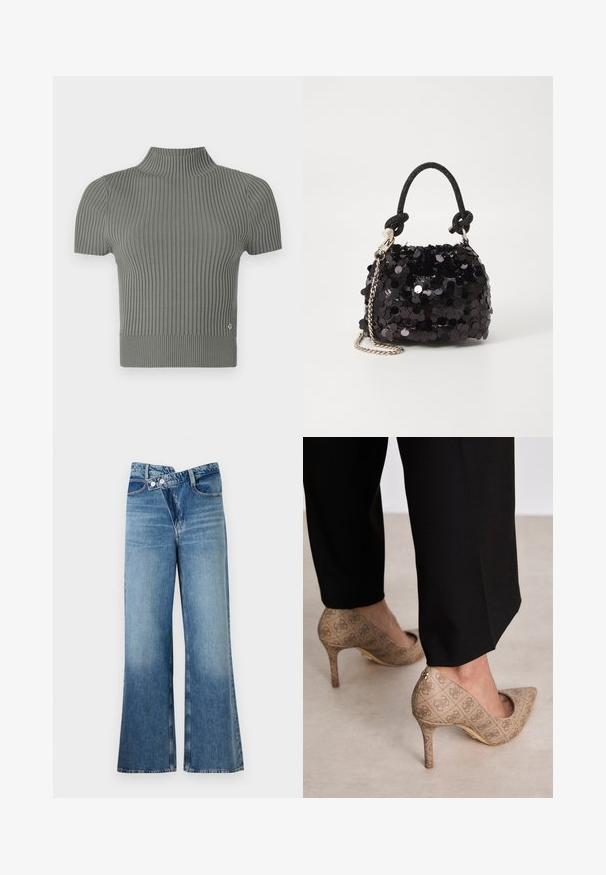 Figurbetontes, kurzärmliges Oberteil aus einem gerippten, weichen grauen Strick. Hat einen hohen Kragen und ein kleines Logo-Detail nahe dem Saum.; Helle, blaue Jeans mit weit ausgestellt Bein und hoher Taille, ausgestattet mit zwei Knöpfen und vorderen Taschen. Der Stoff hat eine ausgewaschene Textur mit subtilen Variationen.; Beige High Heels aus strukturiertem Stoff mit einem sich wiederholenden Muster. Spitz zulaufendes Design mit einer Rückenausschnitt und goldenen Absatz.; Schwarze Pailletten-Mini-Handtasche mit einem geknoteten, strukturierten Tragegurt und einer silbernen Kette. Abgerundete Form mit gerafftem oberen Teil und reflektierenden Details.
