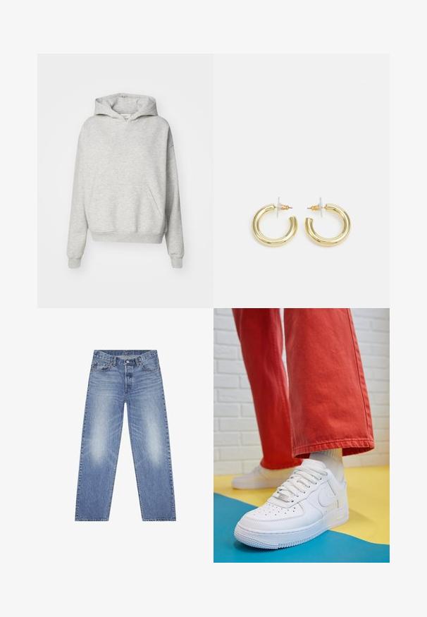 Pelēka kapuce ar priekšējo kabatu, izvēršamu jostu un ribotām aprocēm. Izgatavota no mīkstas, strukturētas auduma un izceļas ar brīva griezuma dizainu.; Gai zili denima džinsi ar taisno kāju griezumu, piecu kabatu dizainu un redzamu izbalēšanu uz augšstilbiem. Iespējami pogu aizdara un jostas cilpas.; Baltās ādas kedas ar perforētu purngalu, teksturētu zoli un baltām auklām, apvienotas ar platām sarkanām biksēm un zilu un dzeltenu fona.; Zelta auskari ar gludu, spīdīgu apdari. Apaļš dizains, kas ietver mazu tapu un caurspīdīgu pamatni drošai valkāšanai.