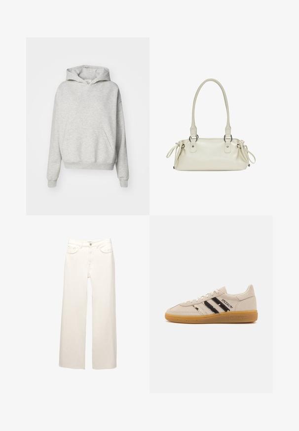 Hanorac gri cu buzunar frontal, glugă cu șnur și manșete ribbed. Confectionat dintr-un material moale și texturat, având un design cu o croială relaxată.; Jeansi albi cu picioarelate, din denim, cu cinci buzunare, fermoar și închidere cu buton. Materialul are o textură subtilă și cusături minime.; Adidași din suede bej cu dungi negre și textul "Spezial", prezintă o talpă din cauciuc texturat de culoare caramel și un design clasic cu șireturi.; Geantă de mână din piele bej, cu o textură netedă, mânere rotunde duale și accente cu șnur ajustabil pe fiecare parte. Prevăzută cu accesorii din metal cu nuanță argintie.