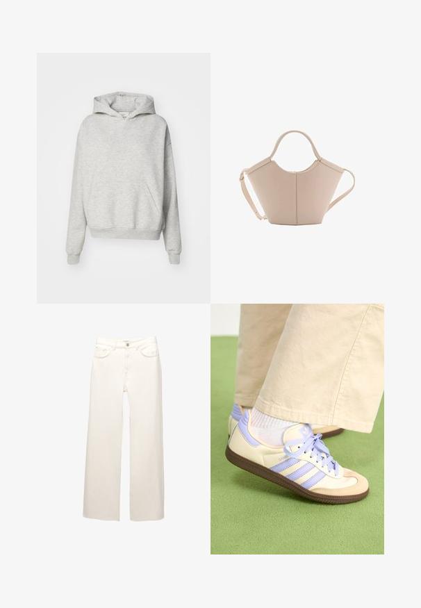 Grey hoodie with a front pocket, drawstring hood, and ribbed cuffs. Made of soft, textured fabric and features a relaxed fit design.; White wide-leg jeans made of denim with five pockets, a zip fly, and a button closure. The fabric has a subtle texture and minimal stitching.; Cream and lavender sneakers with three stripes and a textured brown sole, featuring laces and a padded heel. Soft fabric upper.; Beige leather handbag with a unique shape, featuring two short handles and a long adjustable strap. Smooth texture with minimal hardware.