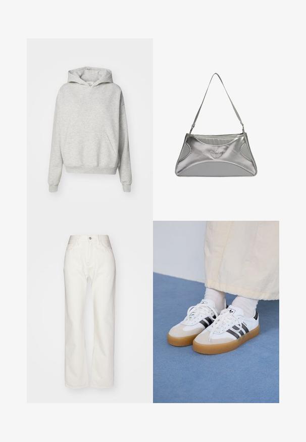 Šedá mikina s kapucňou, predným vreckom a ribbovanými manžetami. Vyrobená z mäkkej, textúrovanej tkaniny a má voľnú strihovú konštrukciu.; Biele džínsy so zvýšeným pásom a širokými nohavicami. Majú zapínanie na gombík a zips, pútka na opasok a jemné detaily stehov.; Biele tenisky s čiernymi pruhmi a béžovými semišovými detailmi. Majú textúrovanú gumovú podrážku a ploché biele šnúrky, kombinované s svetlými ponožkami.; Strieborná metalická kabelka so štíhlim, štruktúrovaným dizajnom, ktorá má textúrované telo, ramenný popruh a vyrazený logový akcent.