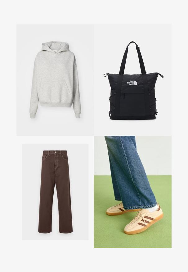 Sweatshirt cinza com um bolso frontal, capuz com cordão e punhos canelados. Feito de um tecido macio e texturizado, apresenta um design de ajuste descontraído.; Calças de denim largas de cor castanha com costura em contraste, cinco bolsos e fecho de botão metálico. Tecido suave, corte reto.; Tenis bege com painéis texturizados em creme e riscas castanhas, combinados com jeans de ganga azul. Os jeans têm um corte largo e uma bainha desfiada.; Saco tote preto com design acolchoado, fecho em zíper superior, duas alças curtas e logotipo na frente; possui bolsos laterais e alças ajustáveis.