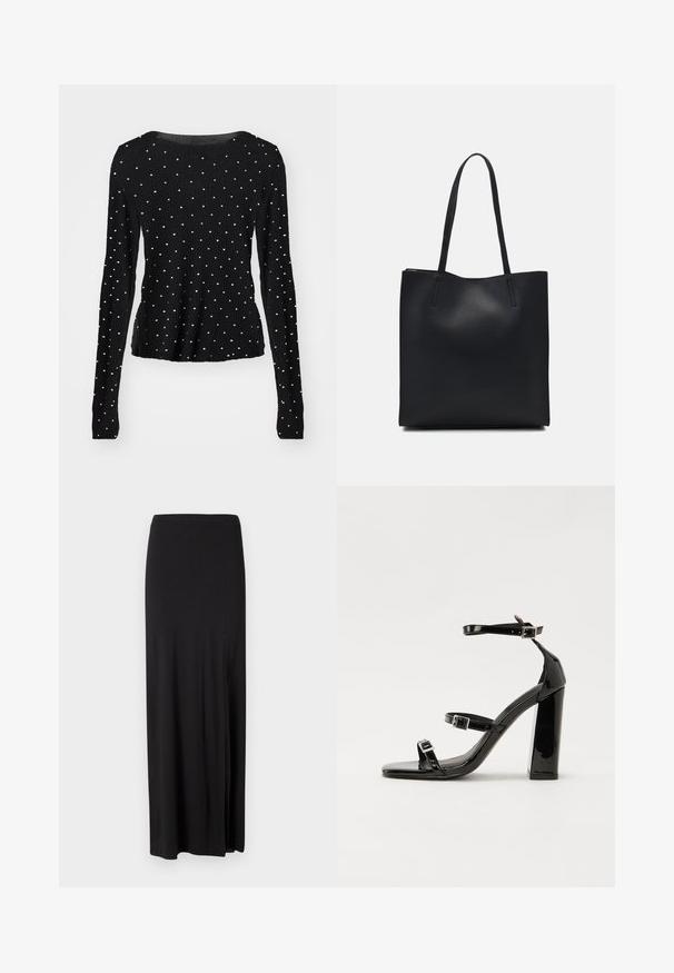 Zwarte langemouwen top met een geribbelde textuur, voorzien van zilveren studs die gelijkmatig over de stof zijn verdeeld. Ronde halslijn.; Zwarte maxi rok van zacht, rekbaar materiaal. Heeft een zijsplit en een eenvoudig, gestroomlijnd ontwerp zonder versieringen.; Zwarte gepatenteerde sandalen met hak en een vierkante neus, enkelbandjes en zilveren gespen. Heeft een stevige blokhak voor stabiliteit.; Zwarte leren handtas met een gladde textuur, rechthoekige vorm en twee lange handvaten. Geen zichtbare hardware of versieringen.