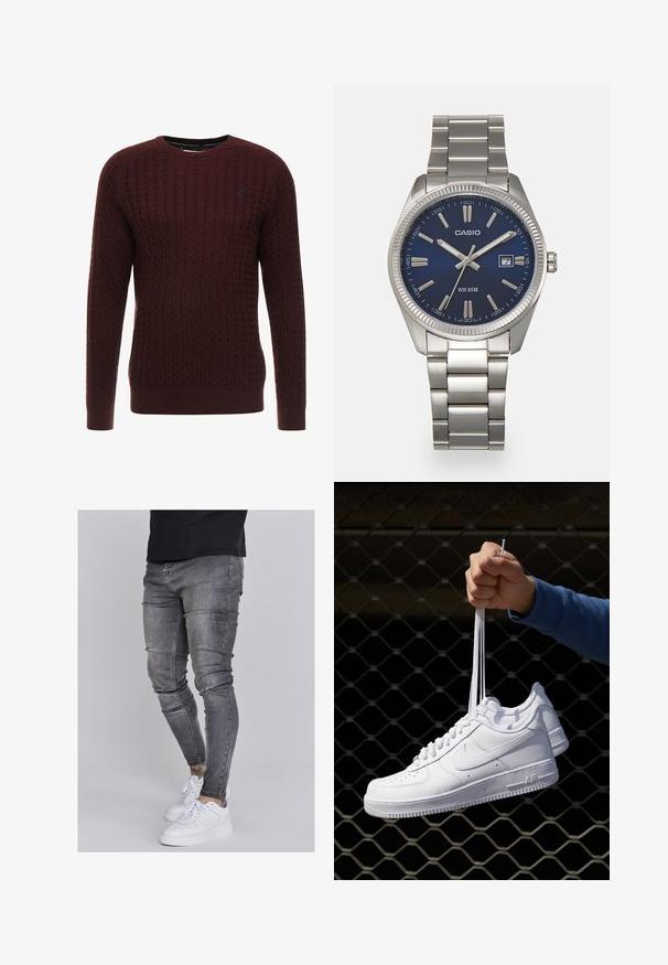 Maglione lavorato a maglia borgogna con un motivo testurizzato, collo rotondo e maniche lunghe. Presenta polsini e orlo a costine. Dettaglio logo sottile.; Jeans skinny in denim grigio sbiadito, con dettagli strappati sulle ginocchia, abbinati a sneakers bianche. Texture liscia, design slim fit.; Sneakers in pelle bianca con perforazioni, punta rotonda, suola piatta e lacci spessi, con logo swoosh visibile e "AIR" sul tallone.; Orologio da polso in acciaio inossidabile argento con quadrante blu navy, indici metallici e finestra della data alle 3. Resistente all'acqua fino a 50 metri.