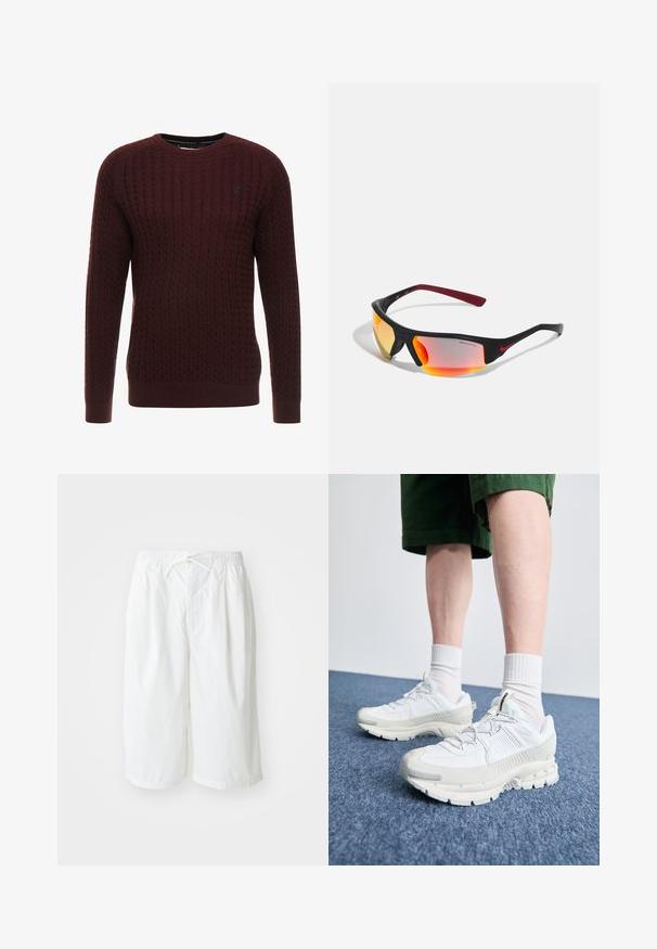 Pull en maille bordeaux avec un motif texturé, col rond et manches longues. Présente des poignets et un ourlet côtelés. Détail de logo discret.; Shorts blancs avec une taille élastique et un cordon de serrage, présentés sur un fond clair et uni. Convient pour une tenue décontractée ou par temps chaud.; Des chaussures de sport blanches avec des superpositions texturées, une semelle épaisse et des accents gris. Portées avec des chaussettes blanches et des shorts verts sur une surface bleue.; Lunettes de sport noires avec des verres miroités jaunes-oranges, des accents rouges et des branches courbées. Elles présentent un design moderne et épuré.