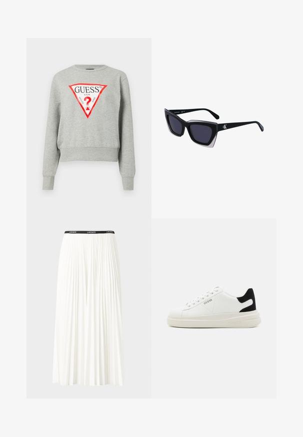 Šedá mikina s červeným trojúhelníkovým logem, na kterém je text "GUESS U.S.A.", dlouhé rukávy, žebrované manžety a spodní lem, vyrobená z měkké látky.; Záhybová bílá sukně s černým elastickým pasem s logem "LACOSTE". Suška je střední délky a má jemnou texturu.; Bílé kožené tenisky s tlustou bílou podrážkou, černým semišovým akcentem na patě a vyraženým logem na boku. Šněrovací design se šesti očka.; Černé oversized sluneční brýle geometrického tvaru, s tmavými skly a kontrastním šedým detailem na rámu. Logo na rameni.