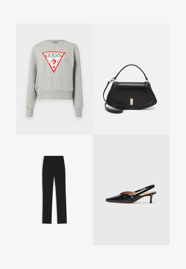 Gray sweatshirt with red triangular logo featuring "GUESS U.S.A." text, long sleeves, ribbed cuffs, and hem, made from soft fabric.; Black tailored trousers with a straight-leg design, featuring front pockets and a smooth, textured fabric. Neat, minimal detailing.; Black patent leather slingback pump with a pointed toe, small heel, and a cutout design on the vamp. Gold-tone hardware accent on the side.; Black leather handbag with a structured design, featuring a cropped shape, top handle, and gold hardware accent. Adjustable shoulder strap included.