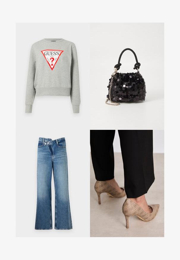 Sweatshirt gri cu un logo triunghiular roșu ce conține textul "GUESS U.S.A.", cu mâneci lungi, manșete și tiv din țesătură elastică, realizat dintr-o țesătură moale.; Jeans din denim albastru deschis, cu fason evazat și talie înaltă, având două butoane și buzunare frontale. Materialul are o textură decolorată cu variații subtile.; Pantofi cu toc înalt bej, dintr-un material texturat ce prezintă un model repetitiv. Design cu vârful ascuțit, cu un accent la spate și detaliu auriu pe toc.; Geantă mini neagră cu paiete, cu un umar texturat înnodat și un lanț argintiu. Formă rotundă cu partea de sus adunată și detalii reflectorizante.