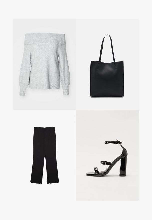 Jasnoszary sweter dzianinowy odsłaniający ramiona z ribbowanym dekoltem i mankietami, charakteryzujący się luźnym krojem i miękką teksturą.; Czarne spodnie o prostym kroju, z przednimi kieszeniami i bocznymi rozcięciami na dole. Wykonane z miękkiego, gładkiego materiału. Odpowiednie na różne okazje.; Czarne lakierowane sandały na obcasie z kwadratowym noskiem, z paskami wokół kostki i srebrnymi klamrami. Posiadają masywny słupek dla stabilności.; Czarna skórzana torba tote o gładkiej fakturze, prostokątnym kształcie i dwóch długich uchwytach. Brak widocznych elementów metalowych i ozdób.