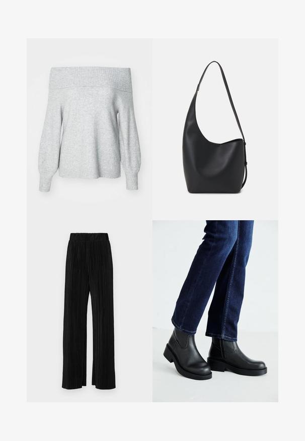 Suéter de malha cinza claro, com decote assimétrico, gola e punhos canelados, apresentando um corte relaxado e uma textura suave.; Calças pregueadas pretas com uma cintura elástica. Apresentam pernas largas e um tecido liso, texturizado com riscas verticais.; Botas de tornozelo de couro preto com sola grossa e painéis elásticos laterais, combinadas com jeans azul escuro. O chão é de cor clara.; Saco hobo preto em pele com uma textura lisa, forma curva e uma única alça ajustável; apresenta uma abertura larga na parte de cima.