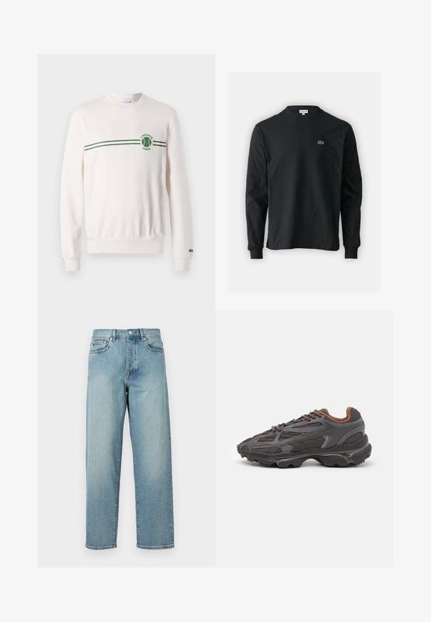 Biała bluza z okrągłym dekoltem, wykonana z bawełny, ozdobiona zielonym paskowanym wzorem oraz logo na piersi. Ściągacze przy mankietach i hemie.; Czarna koszulka z długim rękawem, wykonana z bawełny, z okrągłym dekoltem i małym haftowanym logo krokodyla w kolorze zielonym po lewej stronie klatki piersiowej.; Jasnoniebieskie dżinsy o luźnym kroju, proste nogawki, pięć kieszeni i zapięcie na guzik w talii. Minimalistyczne detale w szwie.; Sneakers Lacoste w ciemnoszarym kolorze, wykonane z siateczki i materiału syntetycznego, z teksturowaną podeszwą oraz brązowymi akcentami na kołnierzu i logotypie.