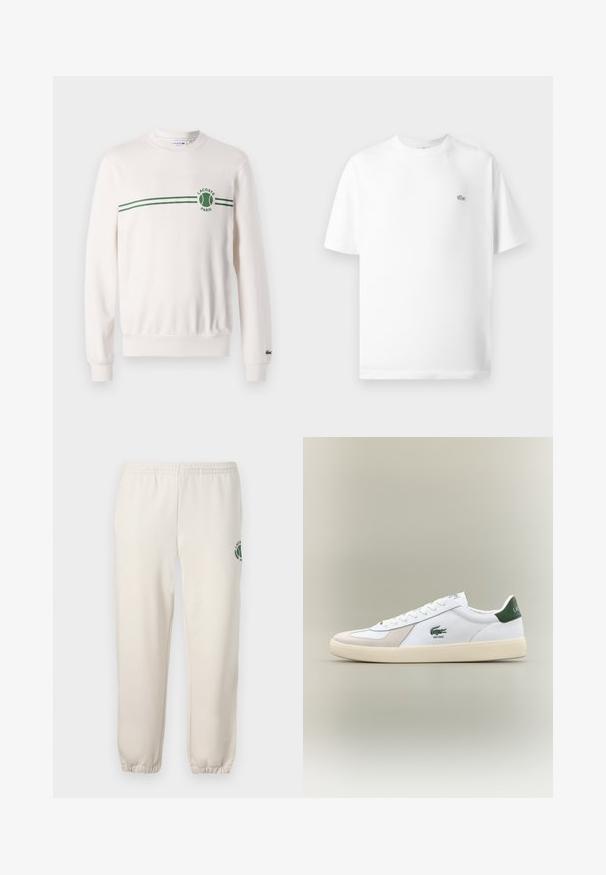 Felpa bianca a girocollo realizzata in cotone, con un motivo a strisce verdi e logo sul petto. Polsini e orlo a costine.; T-shirt di cotone bianco con collo rotondo e maniche corte. Presenta un piccolo logo Lacoste nero sul lato sinistro del petto.; Pantaloni della tuta color beige chiaro in cotone, con vita elastica, polsini a coste e un logo verde con design a foglia sulla gamba sinistra.; Sneaker bianca con accenti verdi, materiali in suede e pelle, punta arrotondata, suola testurizzata e logo ricamato sui lati e sulla linguetta.