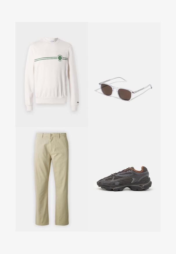 Biała bluza z okrągłym dekoltem, wykonana z bawełny, ozdobiona zielonym paskowanym wzorem oraz logo na piersi. Ściągacze przy mankietach i hemie.; Beżowe bawełniane spodnie o prostym kroju, z zapięciem na guzik z przodu i paskiem. Gładka tekstura, bez widocznych wzorów czy akcentów.; Sneakers Lacoste w ciemnoszarym kolorze, wykonane z siateczki i materiału syntetycznego, z teksturowaną podeszwą oraz brązowymi akcentami na kołnierzu i logotypie.; Przezroczyste plastikowe okulary przeciwsłoneczne z prostokątnymi brązowymi soczewkami, z cienkimi, przezroczystymi ramionami i metalowymi akcentami na skroniach.