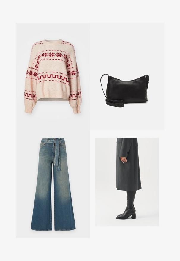 Svijetlosmeđi pulover s crvenim uzorkom snježnih pahulja i geometrijskim motivima, širokog kroja, dugih rukava, okruglog izreza, te rebrastim rubovima i manžetama.; Široke traperice s gradijentom od svijetloplave do tamnoplave, visokog struka, petljama za remen i remenom od istog materijala. Teksturirana traper tkanina.; Sivi, krojeni kaput ravnog kroja; uparen s crnim kožnim čizmama do koljena koje imaju četvrtasti vrh i debeli potplat.; Crna kožna torba na rame s glatkom teksturom, zakrivljenim oblikom, podesivim remenom i zatvaranjem na patentni zatvarač. Minimalistički dizajn bez ukrasa.