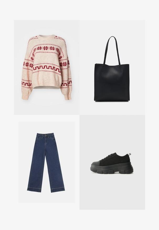 Lysbeige genser med røde snøfnugg og geometriske mønstre, løs passform, lange ermer, rund halslinje, og ribbestrikket kant og mansjetter.; Videbenede dressbukser i mørkeblå denim. Har fem lommer, beltestropper og en rå kant i bunden med synlige stikninger.; Svarte sneakers med en kraftig gummisåle, teksturert stoffoverdel, rund tå og snøring. Har forsterkede snørehull og bakre trekkstang.; Svart lær tote bag med glatt tekstur, rektangulær form og to lange håndtak. Ingen synlige deler eller dekorasjoner.