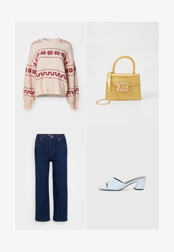 Helle beige Strickjacke mit roten Schneeflocken- und geometrischen Mustern, lockere Passform, lange Ärmel, runder Halsausschnitt sowie geripptem Saum und Bündchen.; Dunkelblaue gerade Jeans mit Knopfverschluss, vorderen und hinteren Taschen sowie sichtbaren orangefarbenen Nähten entlang der Nähte.; Hellblaue offene mules mit Absatz und geometrischem Design, ausgestattet mit einem breiten Riemen über dem Fuß und einem dicken, winkligen Absatz.; Gelbe Kunstleder-Handtasche im Krokodil-Look mit strukturiertem Design, Obergriff, abnehmbarem Kettenriemen und dekorativer Kristallverzierung am Verschluss.