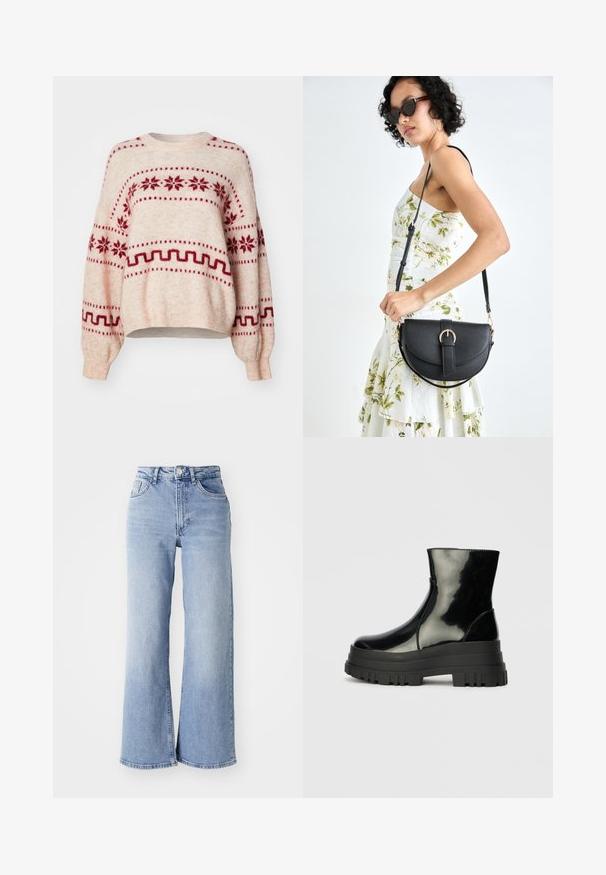Light beige sweater with red snowflake and geometric patterns, loose fit, long sleeves, round neckline, and ribbed hem and cuffs.; Light blue high-waist wide-leg jeans with front and back pockets, button closure, and subtle fading on the thighs and hems.; Black glossy ankle boot with thick lug sole and rounded toe, side view on plain light gray background.; Black leather handbag with a curved shape, detachable strap, and gold hardware. The bag features a flap with a buckle detail.