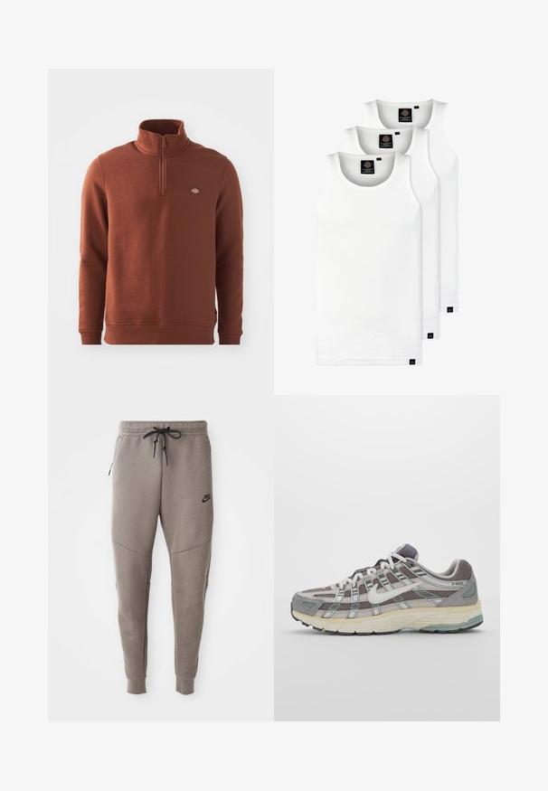 Brązowy polarowy sweter z wysokim kołnierzem i ćwierć zamkiem błyskawicznym. Posiada małe logo na lewej piersi oraz ściągacze na mankietach i u dołu.; Trzy białe prążkowane koszulki na ramiączkach wykonane z bawełny. Posiadają okrągły dekolt i małe czarne metki blisko dolnego brzegu. Dostępne w różnych rozmiarach.; Szare dresy Nike z elastycznym pasem ze sznurkowym zapięciem, zwężanymi nogawkami, bocznymi kieszeniami i wyraźnymi detalami szwów. Miękka, teksturowana tkanina.; Szare buty sportowe z siateczkowym i zamszowym wierzchem, białymi akcentami, amortyzowaną podeszwą oraz charakterystycznym designem z elementami odblaskowymi.