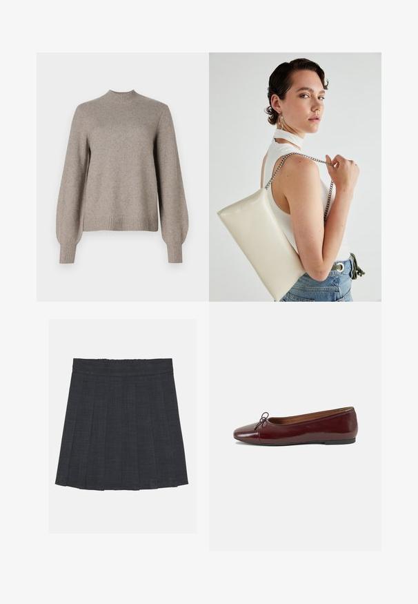 Maglione beige a maglia con collo alto a costine, maniche lunghe a sbuffo, e polsini e orlo a costine su sfondo bianco.; Gonna a pieghe grigio scuro con vita elastica, caratterizzata da un tessuto testurizzato e da una classica silhouette a trapezio. Adatta per un abbigliamento casual.; Ballerine in pelle verniciata bordeaux con punta arrotondata, piccolo fiocco decorativo sulla parte anteriore e suola bassa in gomma nera. Texture liscia.; Borsa a pochette rettangolare bianca realizzata in materiale lucido, con una tracolla in catena argentata. Il modello posa, mostrando la borsa su uno sfondo semplice.