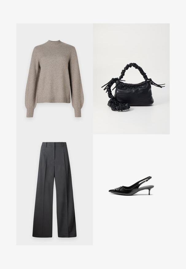 Beige knit sweater with ribbed mock neck, long puff sleeves, and ribbed cuffs and hem on a white background.; Wide-leg trousers in dark gray fabric, featuring a high waist, single pleats, and a smooth texture with a clean finish at the hems.; Black leather slingback heels with a pointed toe, small kitten heel, and a decorative knot detail on the front. Smooth texture throughout.; Black faux leather handbag with a crocodile texture, cinched top, and a scrunched strap. Appears soft and compact in design.