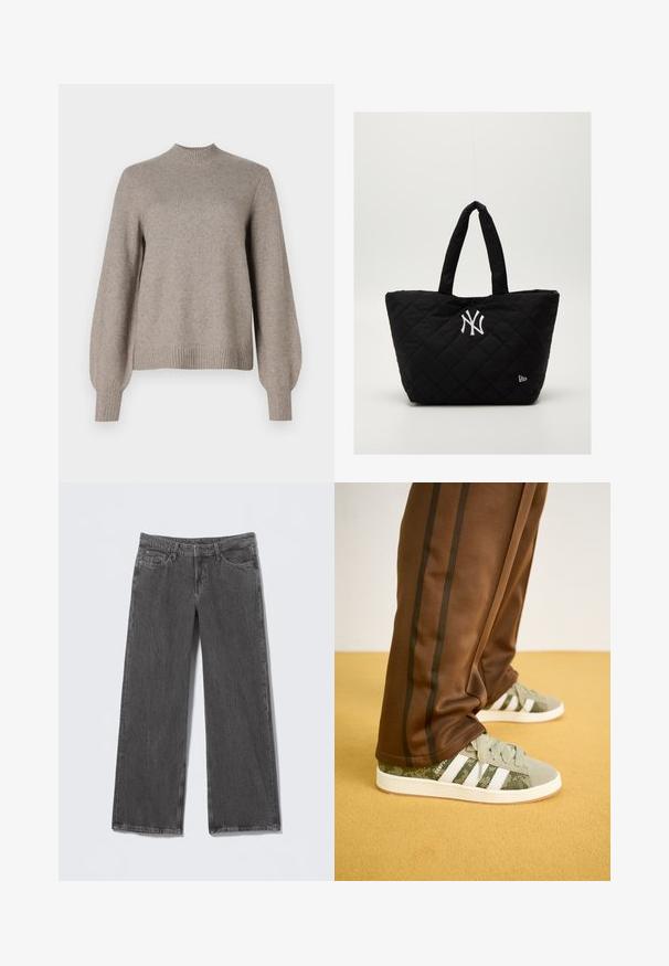 Pulover bej din tricot cu guler înalt cu mănici puff lungi și cu manșete și tiv striat pe un fundal alb.; Blugi gri cu croială largă, din denim cu textură. Prezintă un design cu cinci buzunare și o talie cu bucle pentru curea.; Adidași camuflați verzi cu dungi albe, material texturat și talpă din cauciuc, asortați cu pantaloni sport maron cu dungi întunecate pe laterale.; Geantă tote quilted neagră cu mânere duble, având un logo alb al echipei New York Yankees și un mic emblemă a brandului pe lateral.