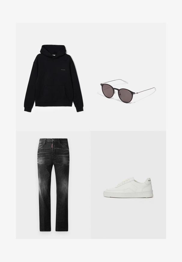 Schwarze Kapuzenjacke aus weichem Stoff, mit einer vorderen Tasche, Kordelzug-Hoodie und dezent gesticktem Logo auf der Brust. Klassisches Pullover-Design.; Schwarzes Baumwoll-T-Shirt mit Rundhalsausschnitt, kurzen Ärmeln und dem "EMPORIO ARMANI"-Logo in Weiß über dem geschwungenen Schriftzug "Milano".; Schwarze Jeans aus Denim mit geradem Schnitt. Verfügt über ausgebleichte Bereiche, leichte Abnutzung, klassisches Fünf-Taschen-Design und einen Knopfverschluss.; Weiße Ledersneaker mit glatter Oberfläche, runder Zehenpartie, flachen Schnürsenkeln und strukturiertem Sohlenprofil. Mit einem dezenten Logo an der Ferse.; Schwarze runde Sonnenbrille mit dunklen Gläsern und schlanken Metallbügeln. Enthält klare Tempelspitzen und silberne Akzente am Scharnier. Minimalistisches Design.