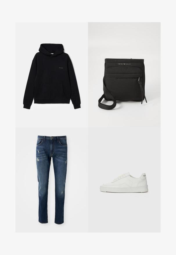 Melnā jaka no mīksta auduma, ar priekšējo kabatu, kapuci ar auklām un diskretu izšūtu logotipu uz krūtīm. Klasisks pārvalka dizains.; Tumši zili denim džinsi ar šauru piegriezumu, neliela nodiluma vietas uz augšstilbiem un ceļgaliem, klasiskā piecu kabatu dizainā un pogu aizdare.; Baltas ādas sneakers ar gludu virsmu, apaļu pirkstu daļu, plakaniem šņorēm un teksturētu zoli. Satur diskrētu logotipu uz papēža.; Melnā Emporio Armani krūšu soma ar priekšējo rāvējslēdzēju, regulējamu siksniņu un logotipa detaļu uz tekstūrēta auduma.