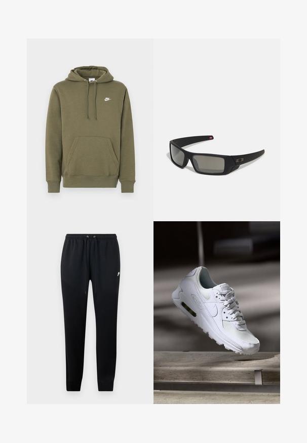 Sudadera con capucha de color verde oliva, hecha de una tela suave. Cuenta con un bolsillo tipo canguro, puños de canalé y un pequeño logo blanco de Nike en el pecho.; Pantalones deportivos negros de tejido suave, con una cintura elástica y cordones, tobillos rematados y un pequeño logo en el lateral.; Zapatilla Nike Air Max 90 blanca con parte superior de malla y cuero, caja de puntera perforada y unidad de aire visible en el talón.; Gafas de sol negras con acabado mate, lentes rectangulares, ligera curvatura en las patillas, sutil detalle del logo y lentes ahumados.