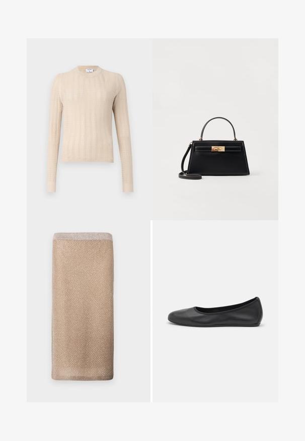 Bež kudumisega sviiter, millel on pikad varrukad, ümmargune kaelus ja tekstureeritud ribakujundus üle kogu pinna. Pehme, kerge kangas.; Bež ahelsall, millel on õrn sära, tekstureeritud viimistlus ja heledama värviga äär ülemises servas. Ristkülikuline kuju.; Musthave mustika tantsutossud mustast nahast, ümmarguse varbaga, siledast tekstuurist, minimaalse õmblusdetailiga ja paindliku tallakujundusega.; Must must käekott, millel on struktureeritud trapetsikujuline kuju, kuldne kinnitusklaas ja kontrastne valge õmblus. Kaasas on lühike käepide ja pikk rihm.