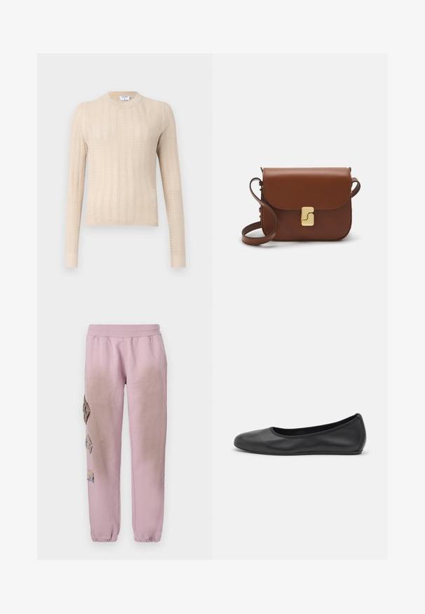 Suéter de punto beige con mangas largas, cuello redondo y un patrón acanalado texturizado en toda la prenda. Tejido suave y ligero.; Pantalones de chándal rosas con cintura elástica, que presentan parches decorativos en forma de diamante en el lado izquierdo y puños elásticos en los tobillos.; Bailarina de piel negra con punta redondeada, textura suave, detalle de costura minimalista y diseño de suela flexible.; Bolso de mano de cuero marrón con cierre de solapa, herrajes en tono dorado, correa para el hombro y una textura suave. Forma rectangular compacta.