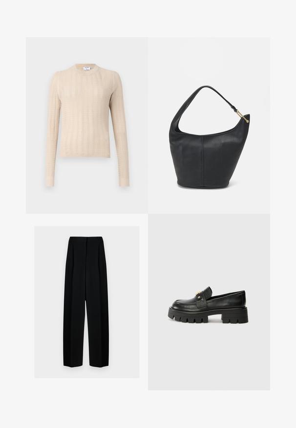Beige strikkegenser med lange ermer, rund hals og teksturert ribbestrikket mønster. Mykt, lett stoff.; Svart vide bukser med høy livhøyde, med folder og en glatt tekstur. Stoffet virker lett og faller elegant.; Sorte skinnloafers med en kraftig såle, med en gulltoneakcent foran og en jevn finish. Kraftig mønsterdesign på sålen.; Svart lærveske med en rund form, bred stropp og strukturert overflate. Har en subtil sømdetalj og gullfarget beslag.