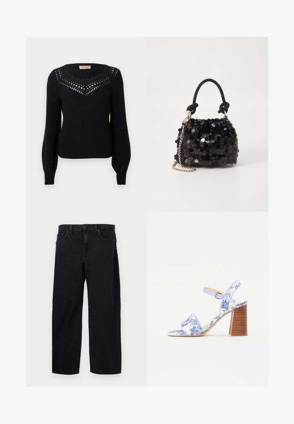 Crni džemper s rebrastom teksturom, valovitim izrezom i otvorenim detaljem na prsima. Dugih rukava i pristaje u struku.; Crne traperice s ravnim krojem, s zatvaranjem na gumbe, pet džepova i suptilnim detaljima šivanja. Glatka tekstura.; Plave sandale s cvjetnim uzorkom, kvadratnog vrha, širokim remenom i podesivim remenom oko gležnja, s teksturiranim drvenim blok potplatom.; Crna mini torbica sa šljokicama, s čvorastim teksturiranim remenom i srebrnim lancem. Zaobljenog oblika s naboranim vrhom i reflektivnim detaljima.