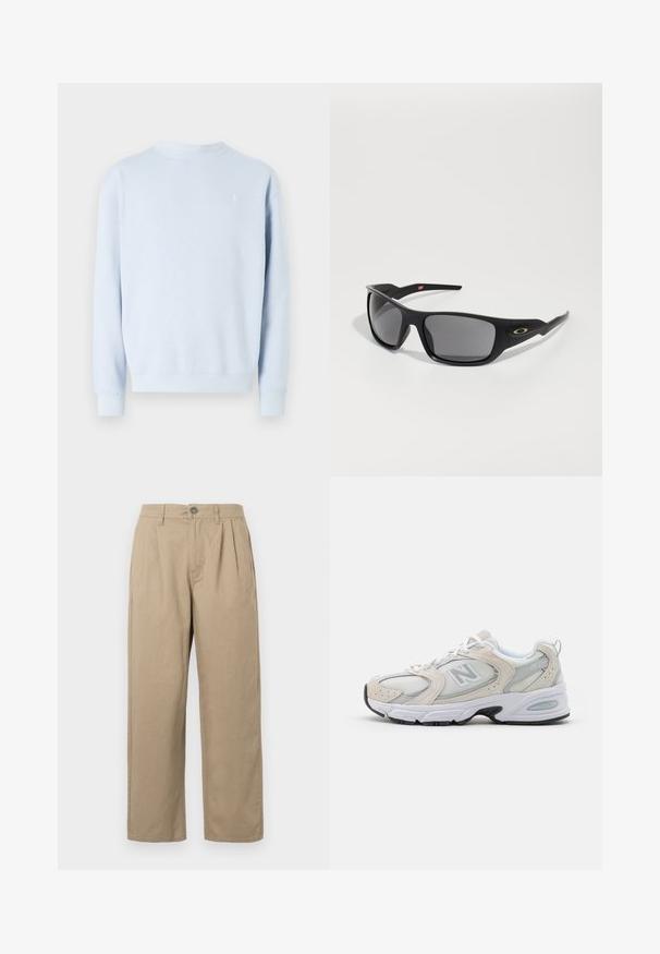 Felpa blu chiaro con colletto rotondo, polsini e orlo a coste. Presenta un piccolo logo discreto sul petto. Tessuto morbido.; Pantaloni beige a vita alta con pieghe, passanti per cintura, chiusura con bottone e gambe dritte su uno sfondo bianco.; Scarpa sportiva con tomaia in mesh grigio chiaro e accenti in suede, lacci bianchi e suola in gomma nera. Dettaglio di ammortizzazione ABZORB notevole.; Occhiali da sole neri con forma rettangolare, realizzati in plastica resistente, con lenti grigio scure e un accento dorato sul lato.